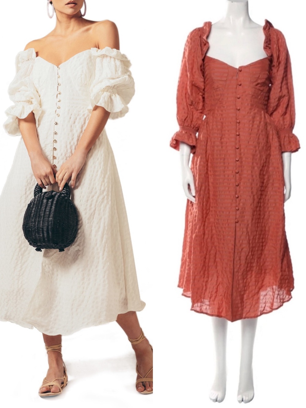 Cult Gaia Simona Off the Shoulder Seersucker Midi Dress In Terracotta Size XS